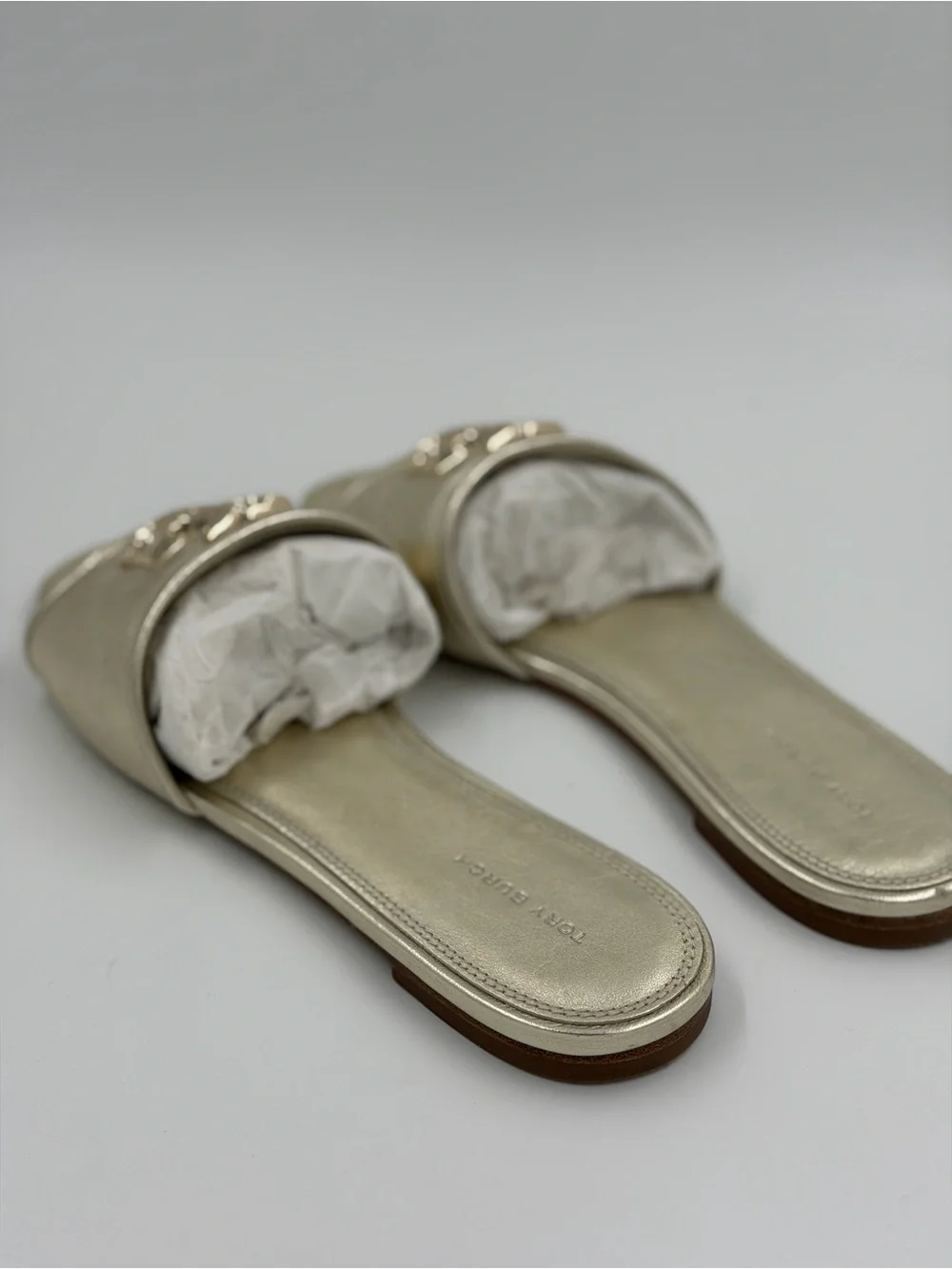 Tory Burch Metallic Gold Double T Slide Sandals – Size 8.5